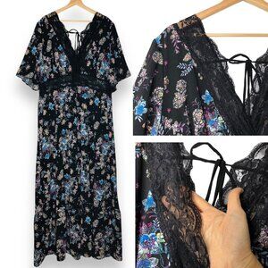KIYONNA Floral Printed Maxi Dress 3X Lace V Neck Empire Waist Flutter Sleeve Tie